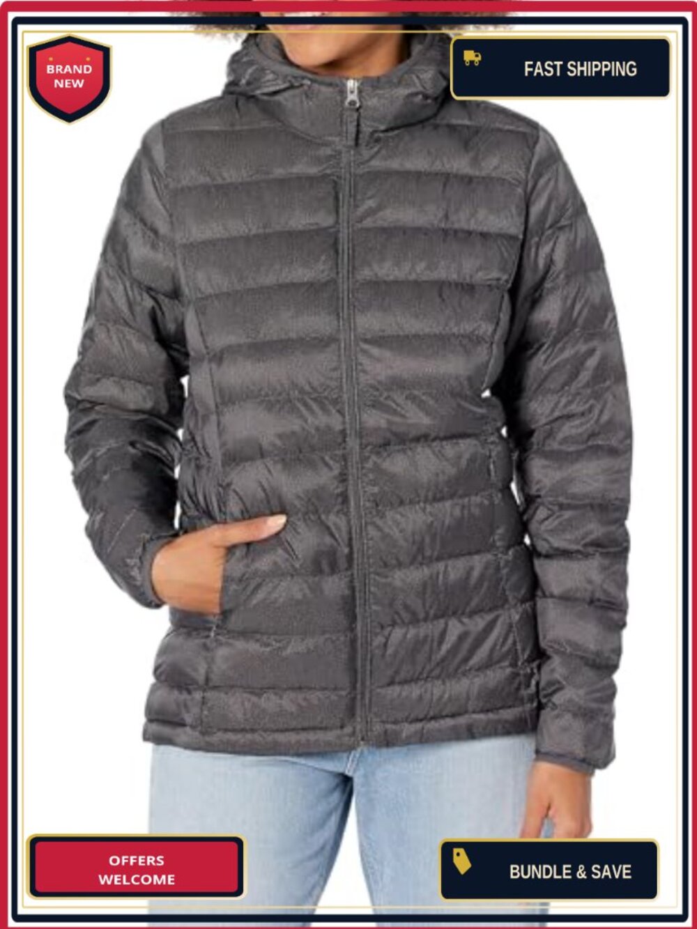 Women's Lightweight Full-Zip Water-Resistant Packable Hooded Puffer Jacket